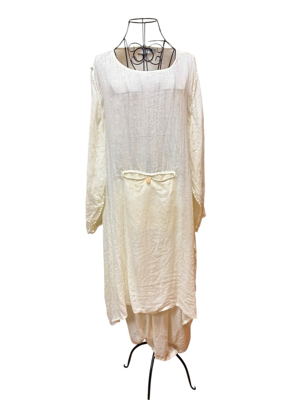 Cheyenne Linen Cream Long Sleeve Tunic Dress Front Back Pocket Detail Boho